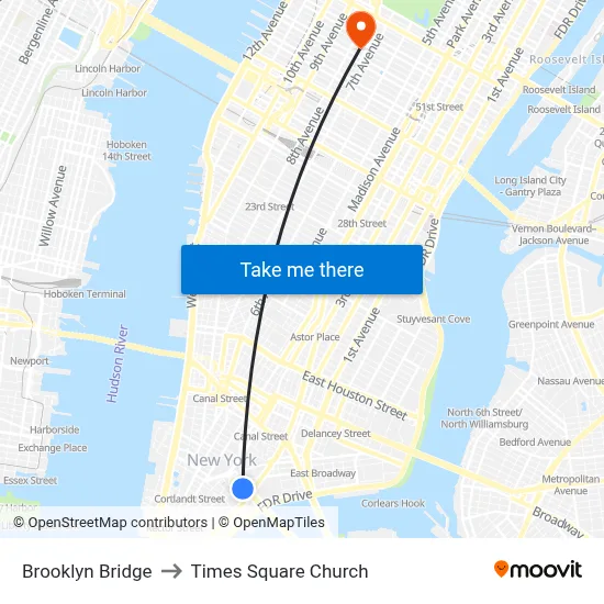 Brooklyn Bridge to Times Square Church map