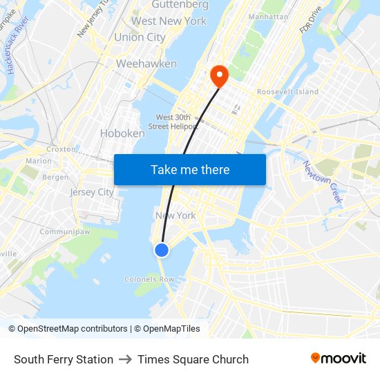 South Ferry Station, South Ferry Station, New York, NY 10004, USA to Times Square Church map