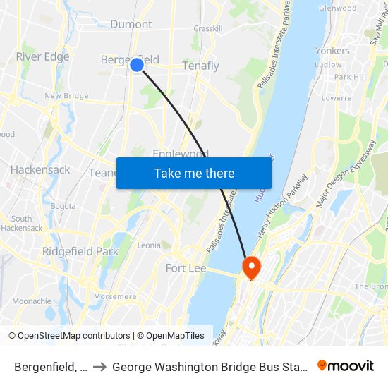 Bergenfield, Nj to George Washington Bridge Bus Station map