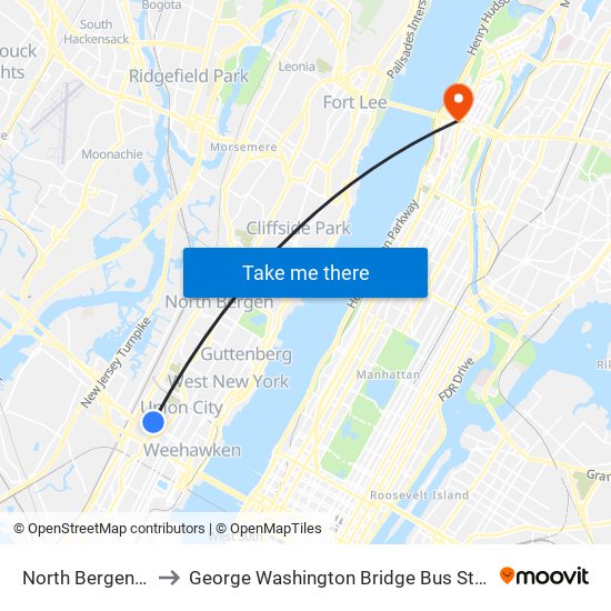 North Bergen, Nj to George Washington Bridge Bus Station map