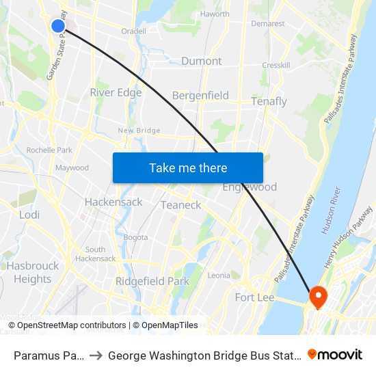 Paramus Park to George Washington Bridge Bus Station map
