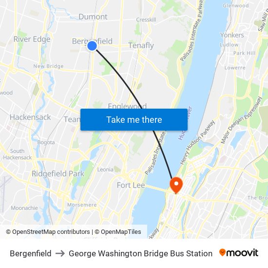 Bergenfield to George Washington Bridge Bus Station map