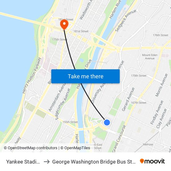Yankee Stadium to George Washington Bridge Bus Station map