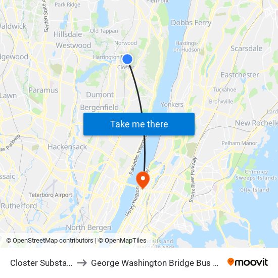 Closter Substation to George Washington Bridge Bus Station map