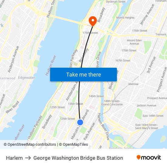 Harlem to George Washington Bridge Bus Station map