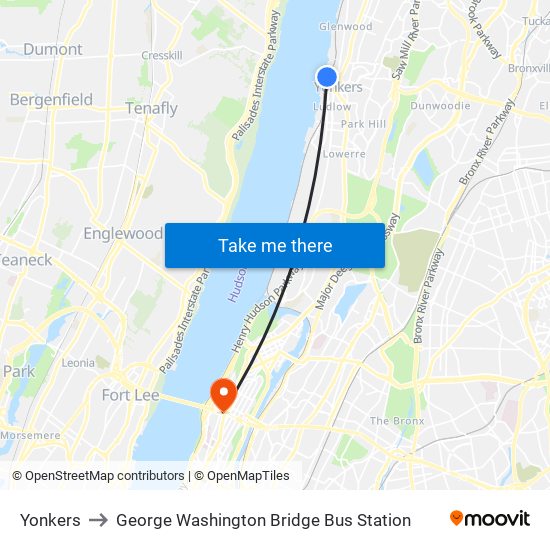 Yonkers to George Washington Bridge Bus Station map