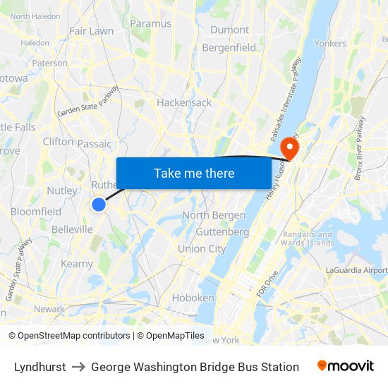 Lyndhurst to George Washington Bridge Bus Station map