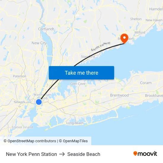 New York Penn Station to Seaside Beach map
