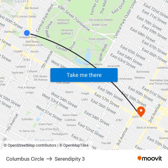 Columbus Circle to Serendipity 3 map