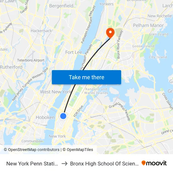 New York Penn Station to Bronx High School Of Science map