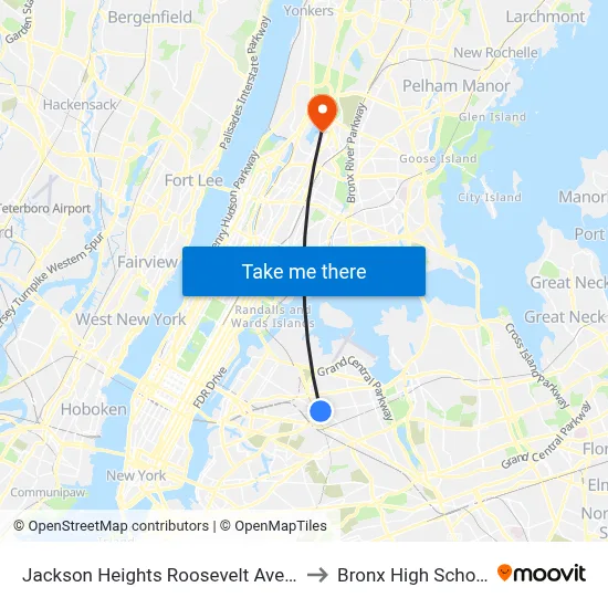 Jackson Heights Roosevelt Avenue 74th Street Station to Bronx High School Of Science map