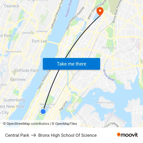 Central Park to Bronx High School Of Science map