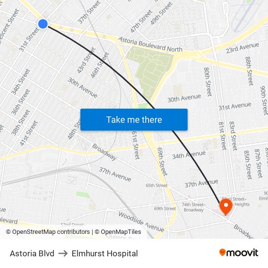 Astoria Blvd to Elmhurst Hospital map