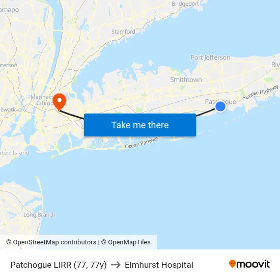 Patchogue LIRR (77, 77y) to Elmhurst Hospital map