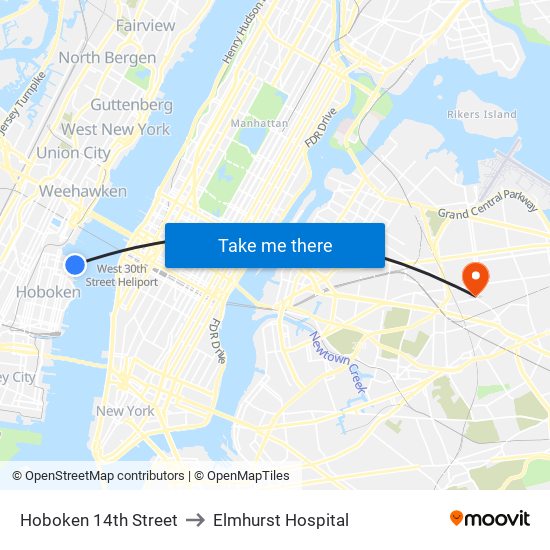 Hoboken 14th Street to Elmhurst Hospital map