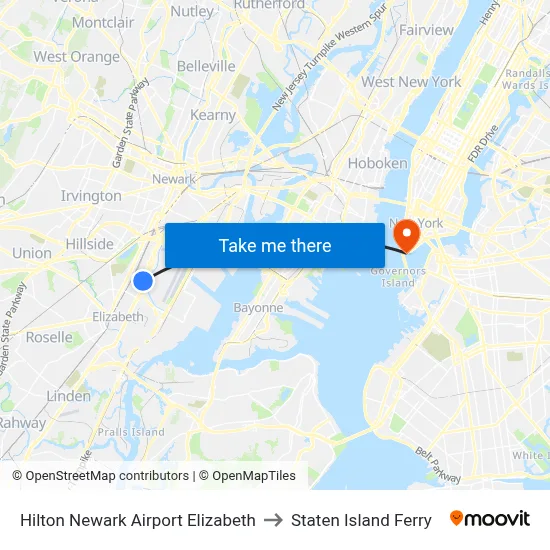 Hilton Newark Airport Elizabeth to Staten Island Ferry map