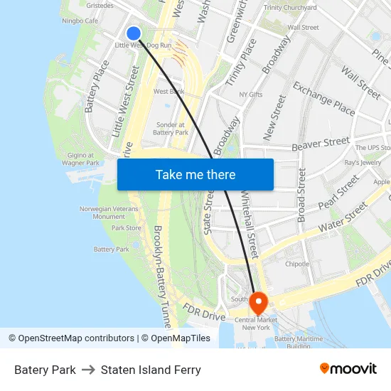 Batery Park to Staten Island Ferry map