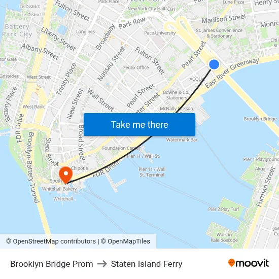 Brooklyn Bridge Prom to Staten Island Ferry map