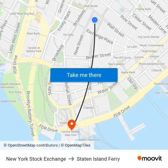 New York Stock Exchange to Staten Island Ferry map