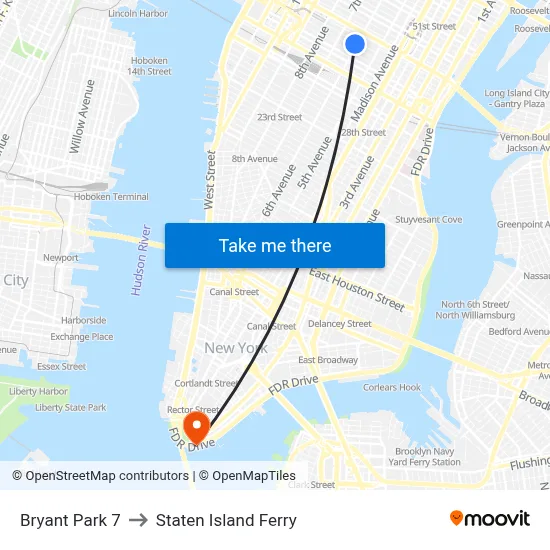 Bryant Park 7 to Staten Island Ferry map