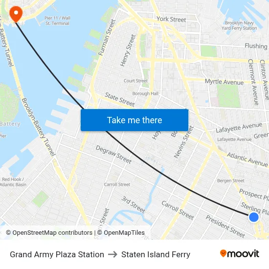 Grand Army Plaza Station to Staten Island Ferry map