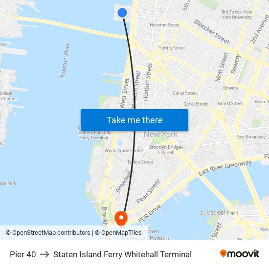 Pier 40 to Staten Island Ferry Whitehall Terminal map