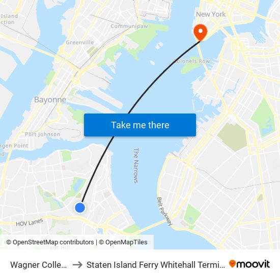 Wagner College to Staten Island Ferry Whitehall Terminal map