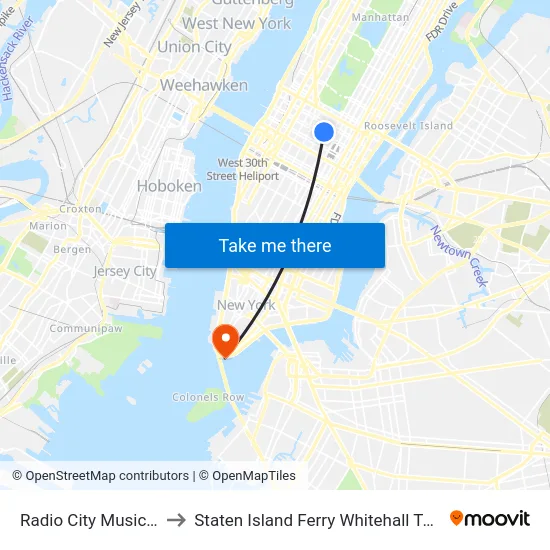 Radio City Music Hall to Staten Island Ferry Whitehall Terminal map