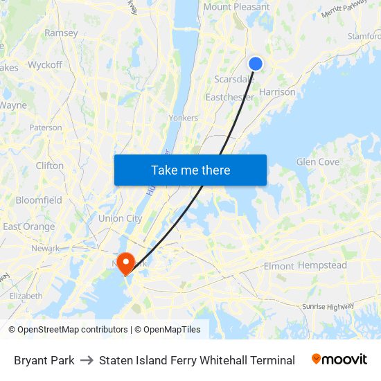 Bryant Park to Staten Island Ferry Whitehall Terminal map