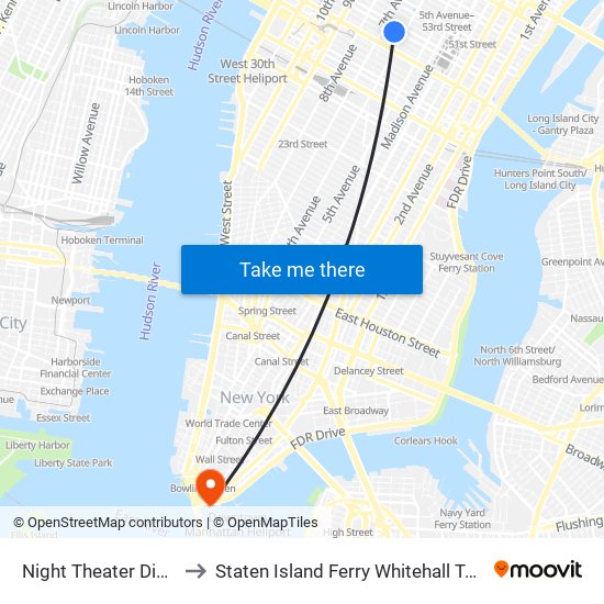 Night Theater District to Staten Island Ferry Whitehall Terminal map