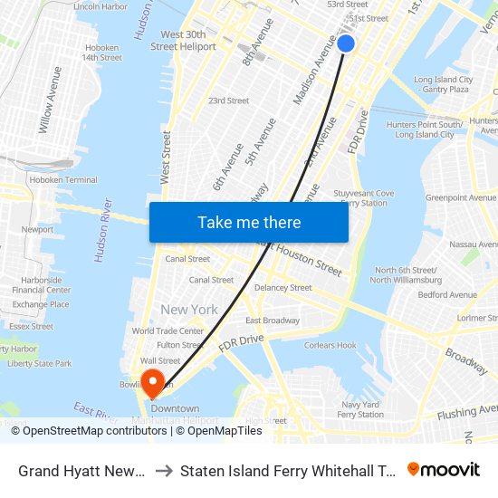 Grand Hyatt New York to Staten Island Ferry Whitehall Terminal map