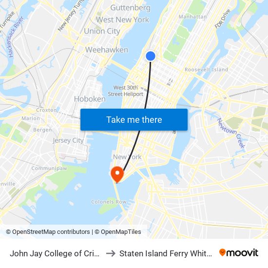 John Jay College of Criminal Justice to Staten Island Ferry Whitehall Terminal map