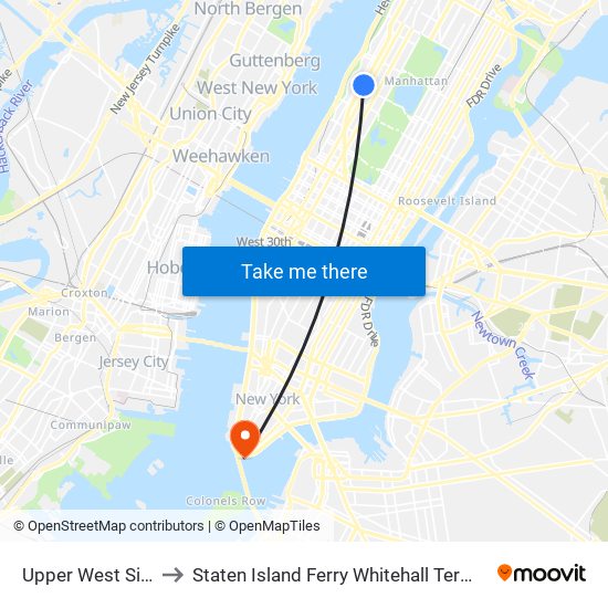 Upper West Side to Staten Island Ferry Whitehall Terminal map