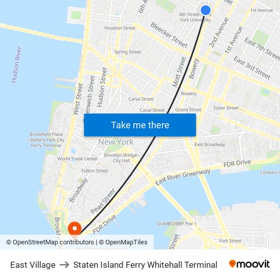 East Village to Staten Island Ferry Whitehall Terminal map