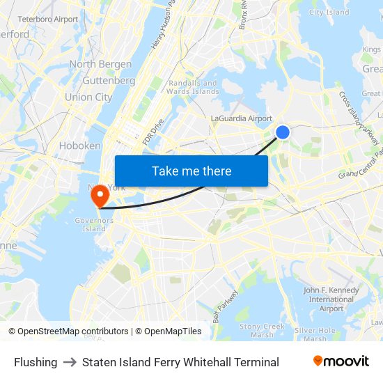 Flushing to Staten Island Ferry Whitehall Terminal map