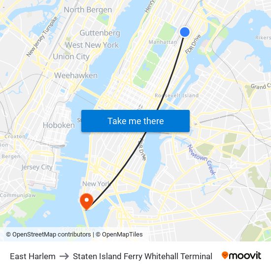 East Harlem to Staten Island Ferry Whitehall Terminal map