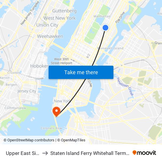 Upper East Side to Staten Island Ferry Whitehall Terminal map