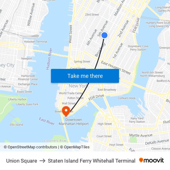 Union Square to Staten Island Ferry Whitehall Terminal map