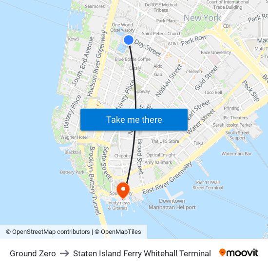 Ground Zero to Staten Island Ferry Whitehall Terminal map