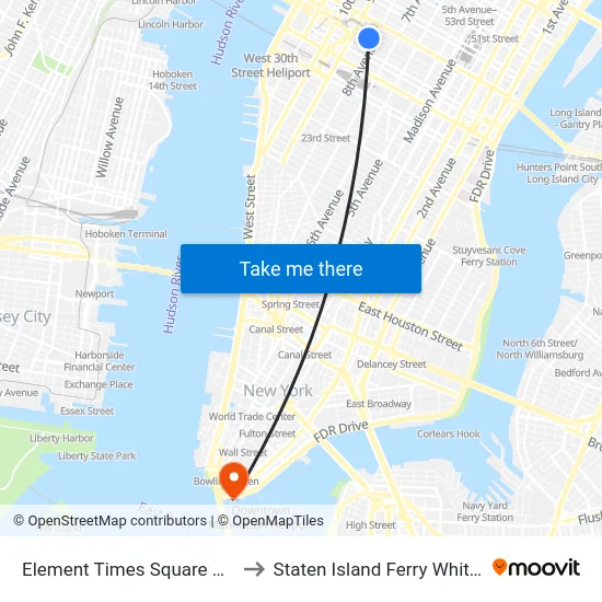 Element Times Square West New York to Staten Island Ferry Whitehall Terminal map
