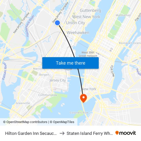 Hilton Garden Inn Secaucus Meadowlands to Staten Island Ferry Whitehall Terminal map