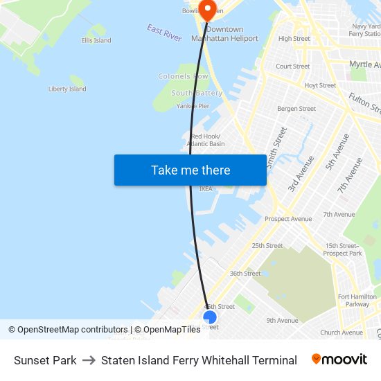 Sunset Park to Staten Island Ferry Whitehall Terminal map