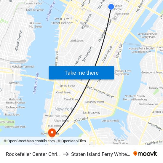 Rockefeller Center Christmas Tree to Staten Island Ferry Whitehall Terminal map