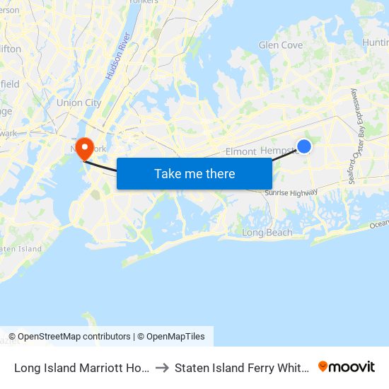 Long Island Marriott Hotel Uniondale to Staten Island Ferry Whitehall Terminal map