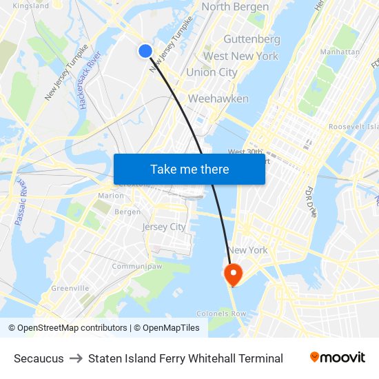 Secaucus to Staten Island Ferry Whitehall Terminal map