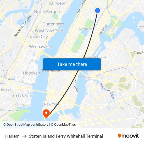 Harlem to Staten Island Ferry Whitehall Terminal map