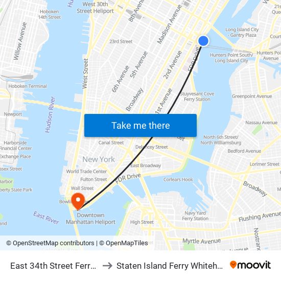 East 34th Street Ferry Landing to Staten Island Ferry Whitehall Terminal map