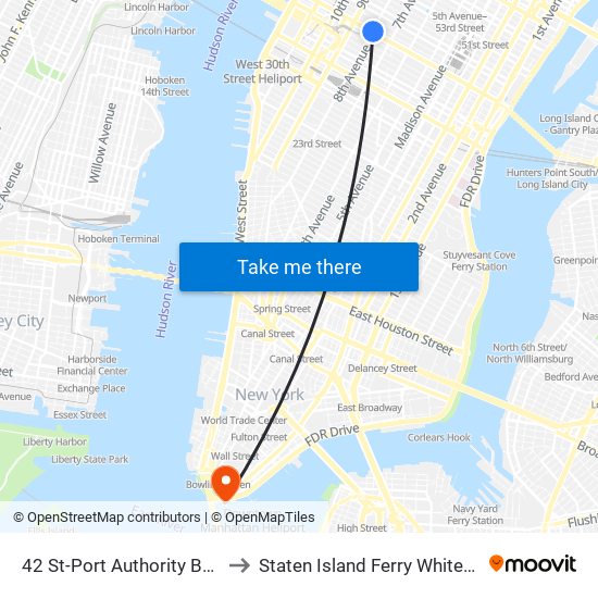 42 St-Port Authority Bus Terminal to Staten Island Ferry Whitehall Terminal map