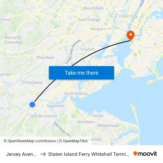 Jersey Avenue to Staten Island Ferry Whitehall Terminal map