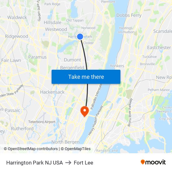 Harrington Park NJ USA to Fort Lee map